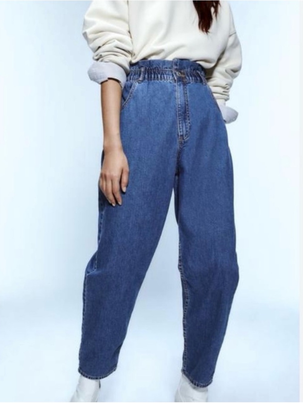 Zara High Waist Paper Bag Jeans Size 10 Barrel Leg Baggy Medium Wash Cotton